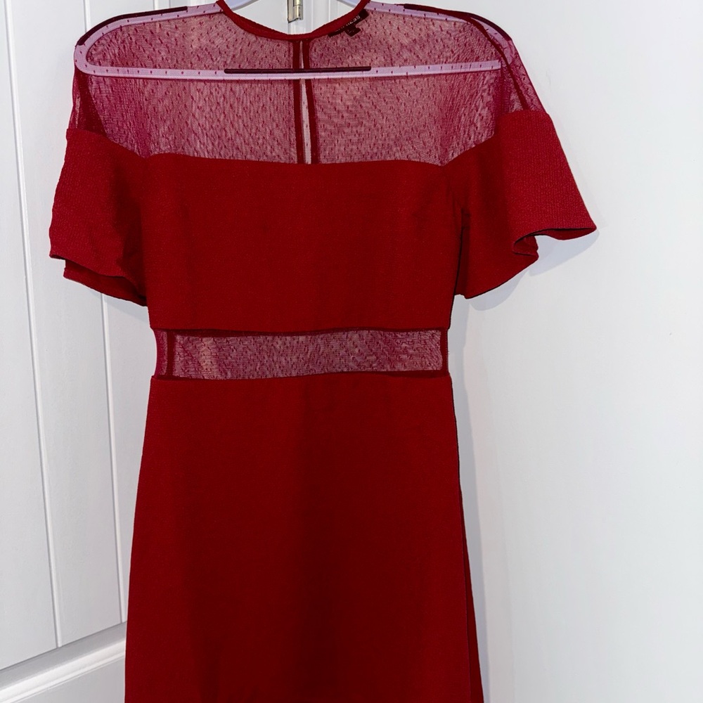 Express Red Fit & Flare Illusion Yoke Dress with Off-Shoulder Overlay and Mesh